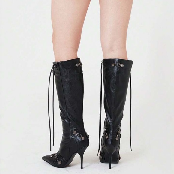 Punk Gothic Women Motorcycle Boots Pointed Toe
Knee High Rivets Tassels Stiletto - Picture 4 of 5